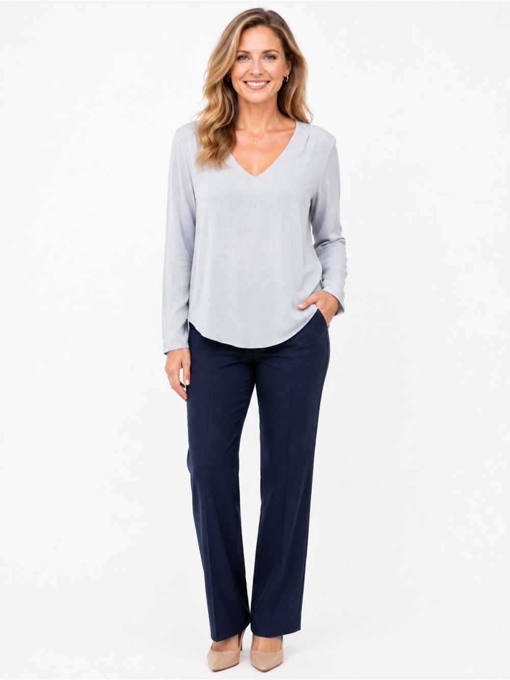 Halston Light Blue Mixed Media Long Sleeve Top – Size Medium